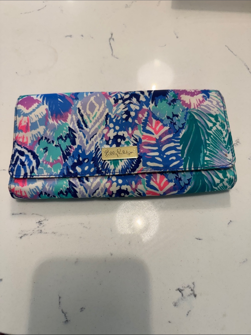 Lilly Pulitzer Tropical Floral Fold-Over Travel Wallet in Teal, Blue & Pink
